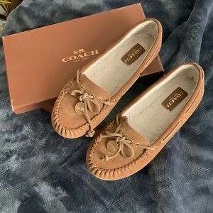 Beautiful suede Coach moccasins.  Dark camel/natural color.